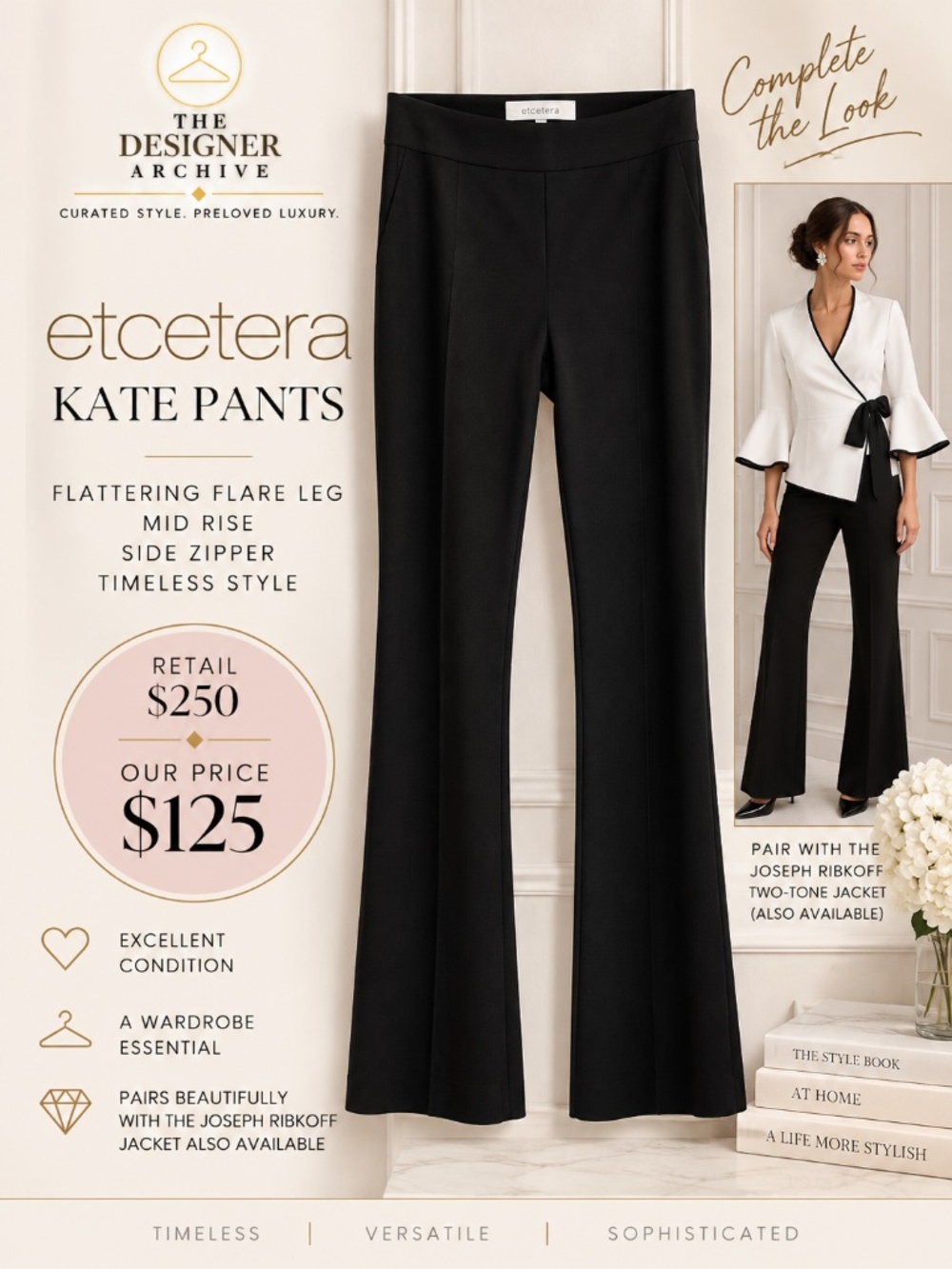 Etcetera Kate Black Flare Pants Side Zip Size 10 Stretch Trouser